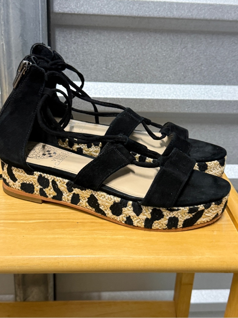 Vince Camuto Kellia Black Suede Leopard Espadrille Platform Sandals